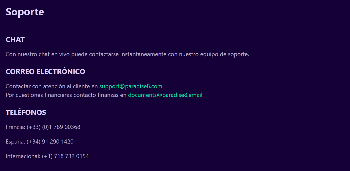 Atención al cliente de Paradise8 Casino